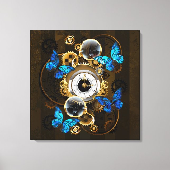 Steampunk Gears and Blue Butterflies Canvas Print (Front)