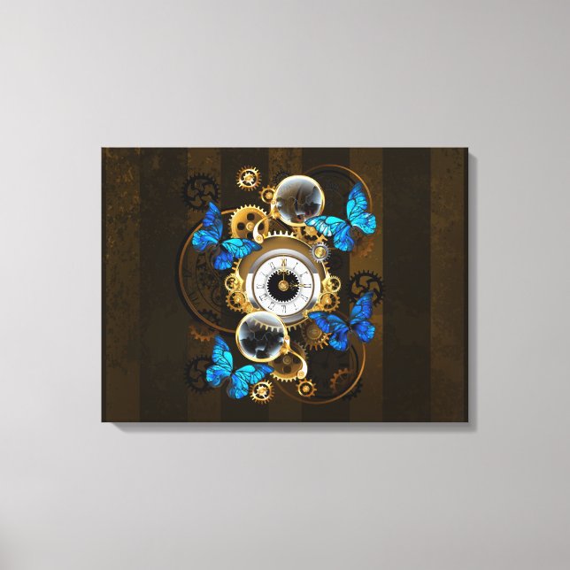 Steampunk Gears and Blue Butterflies Canvas Print (Front)