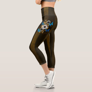 Steampunk Gears and Blue Butterflies Capri Leggings