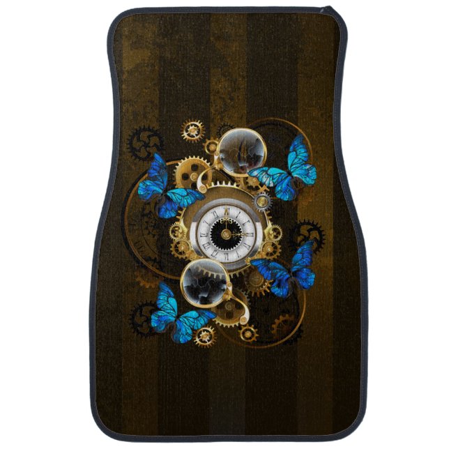 Steampunk Gears and Blue Butterflies Car Floor Mat (Front)