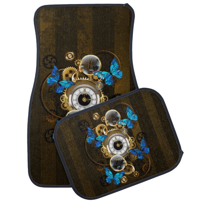 Steampunk Gears and Blue Butterflies Car Floor Mat (Set)