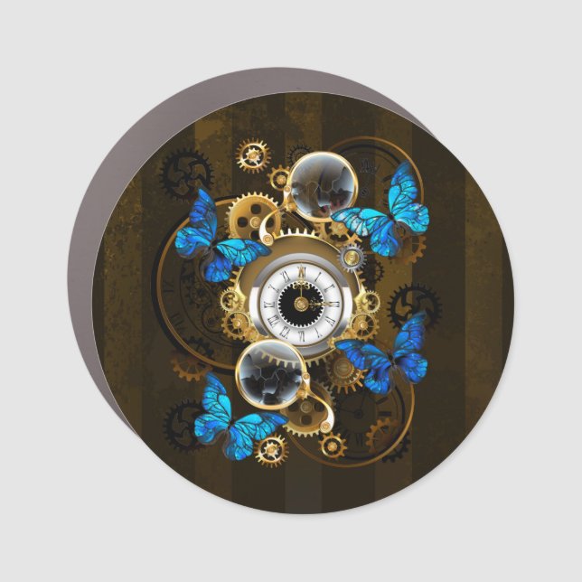 Steampunk Gears and Blue Butterflies Car Magnet (Front)