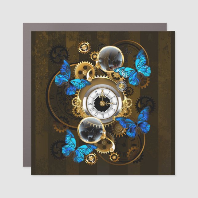 Steampunk Gears and Blue Butterflies Car Magnet (Front)