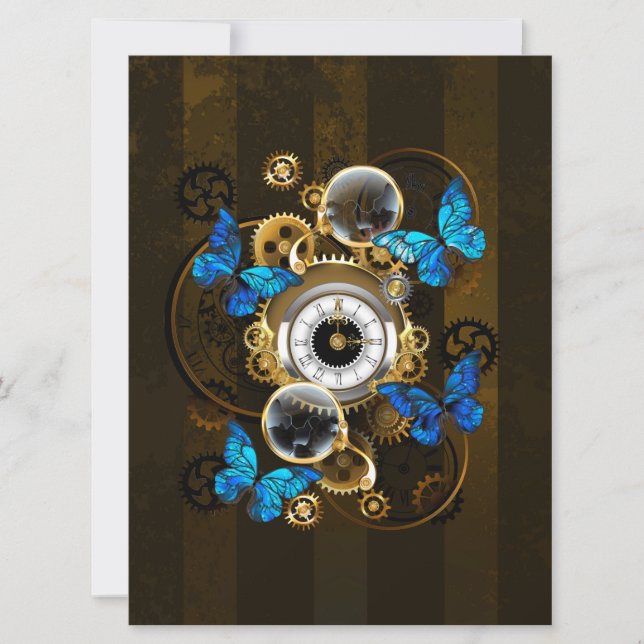 Steampunk Gears and Blue Butterflies Card (Front)