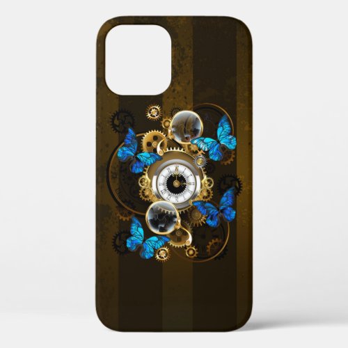 Steampunk Gears and Blue Butterflies iPhone 12 Case