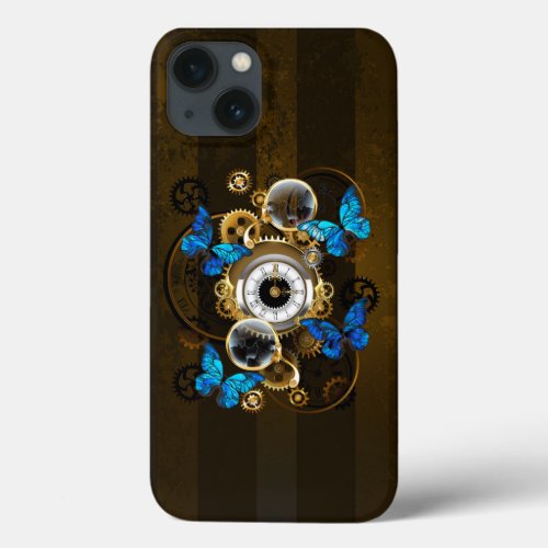 Steampunk Gears and Blue Butterflies iPhone 13 Case