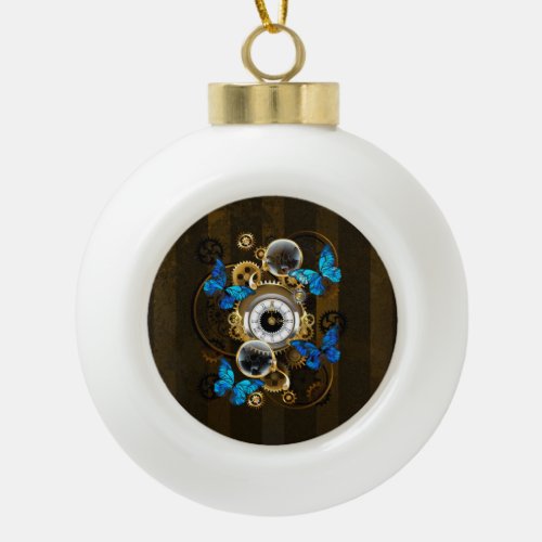 Steampunk Gears and Blue Butterflies Ceramic Ball Christmas Ornament