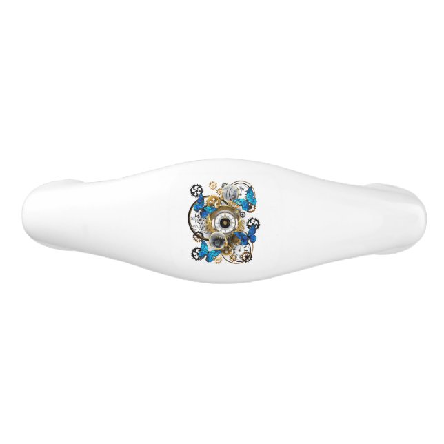 Steampunk Gears and Blue Butterflies Ceramic Drawer Pull (Front)