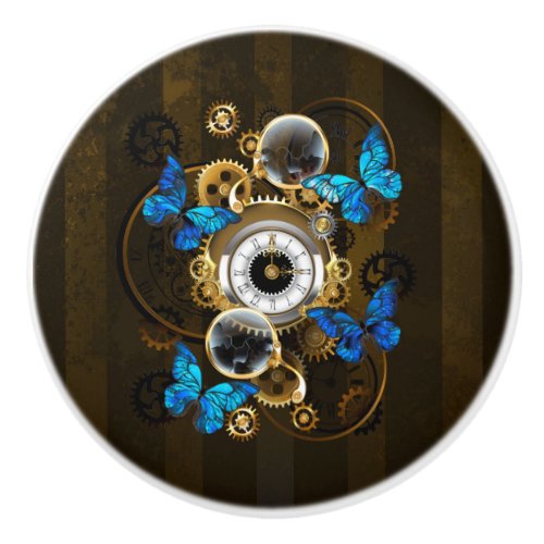 Steampunk Gears and Blue Butterflies Ceramic Knob