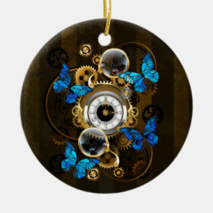 Steampunk Gears and Blue Butterflies Ceramic Ornament