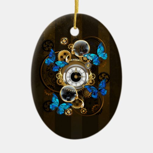 Steampunk Gears and Blue Butterflies Ceramic Ornament