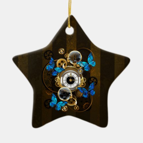 Steampunk Gears and Blue Butterflies Ceramic Ornament
