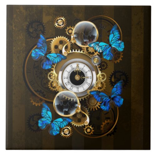 Steampunk Gears and Blue Butterflies Ceramic Tile