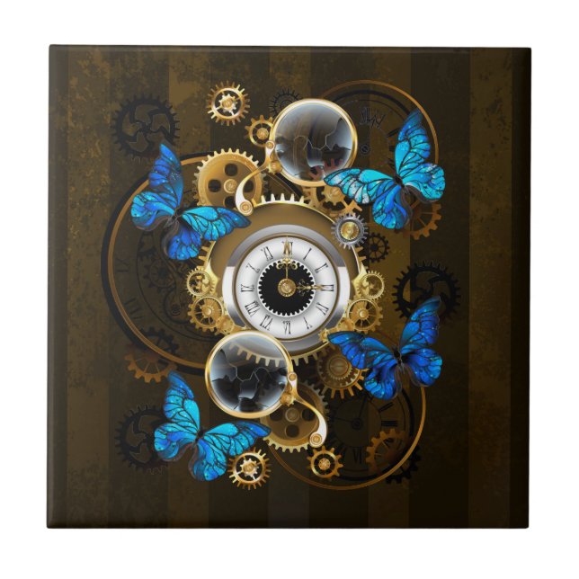 Steampunk Gears and Blue Butterflies Ceramic Tile (Front)