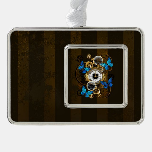 Steampunk Gears and Blue Butterflies Christmas Ornament (Front)