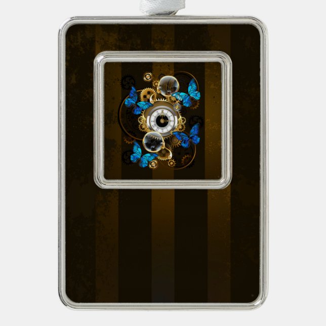 Steampunk Gears and Blue Butterflies Christmas Ornament (Front)