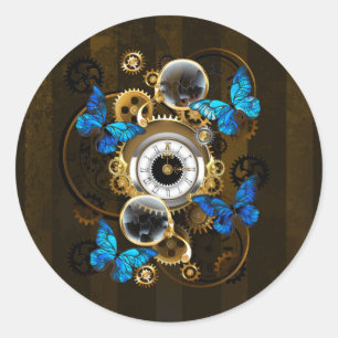 Steampunk Gears and Blue Butterflies Classic Round Sticker