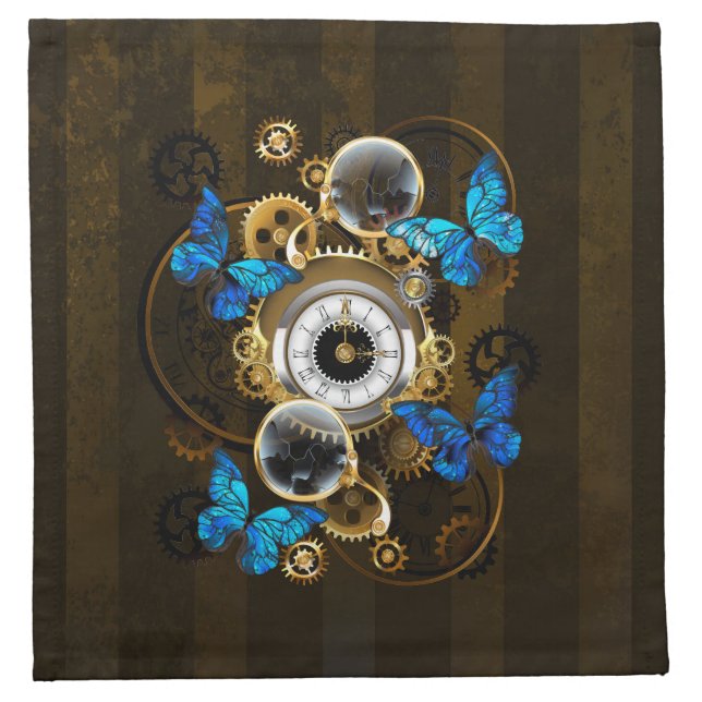 Steampunk Gears and Blue Butterflies Cloth Napkin (Front)