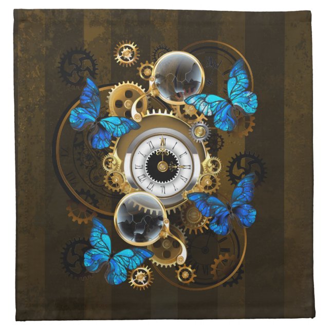 Steampunk Gears and Blue Butterflies Cloth Napkin (Front)