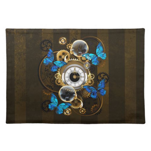 Steampunk Gears and Blue Butterflies Cloth Placemat