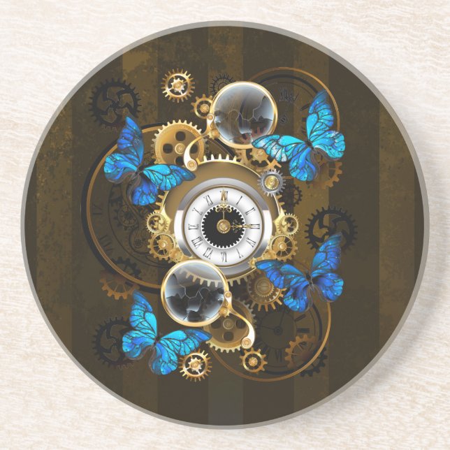 Steampunk Gears and Blue Butterflies Coaster (Front)