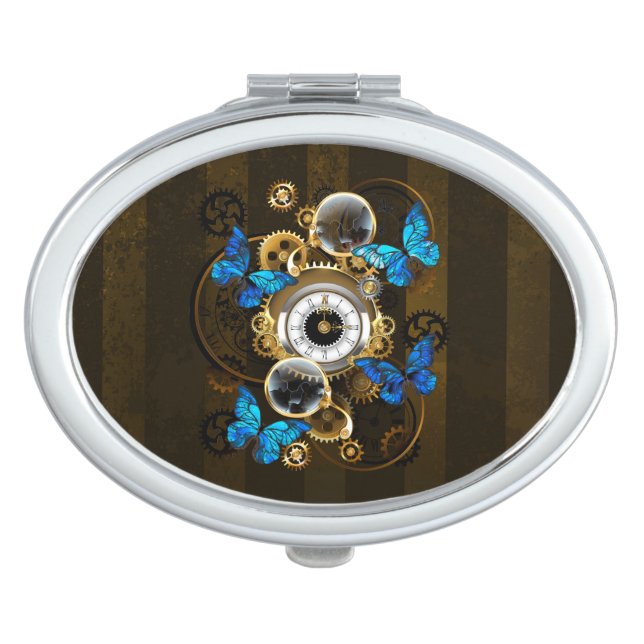 Steampunk Gears and Blue Butterflies Compact Mirror (Front)