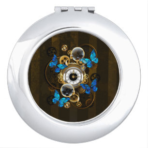 Steampunk Gears and Blue Butterflies Compact Mirror