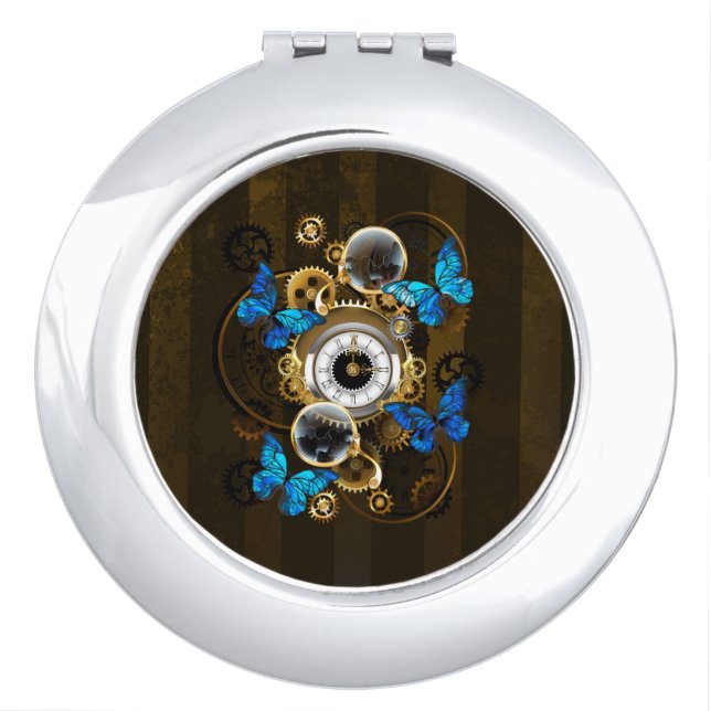 Steampunk Gears and Blue Butterflies Compact Mirror (Front)