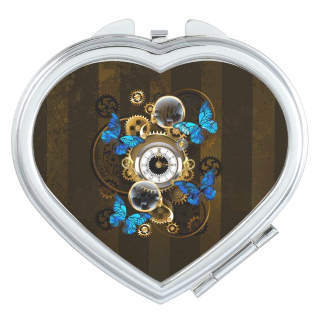 Steampunk Gears and Blue Butterflies Compact Mirror (Front)