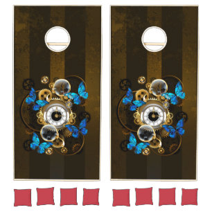 Steampunk Gears and Blue Butterflies Cornhole Set