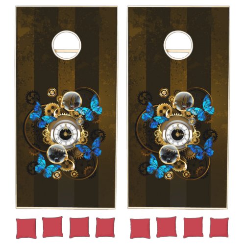 Steampunk Gears and Blue Butterflies Cornhole Set