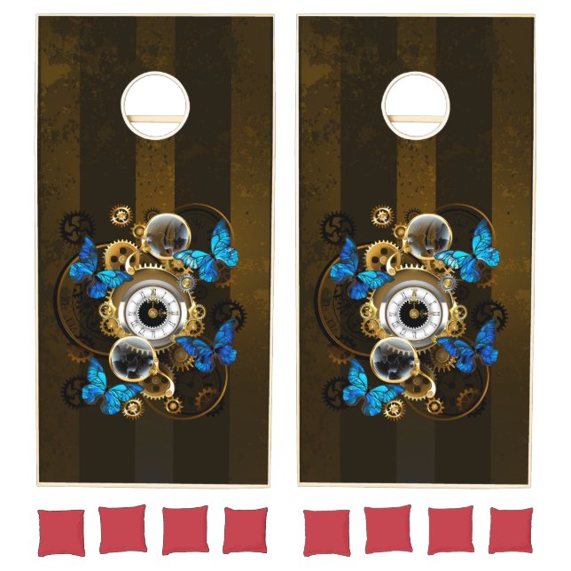 Steampunk Gears and Blue Butterflies Cornhole Set (Set)