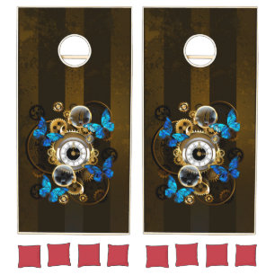 Steampunk Gears and Blue Butterflies Cornhole Set