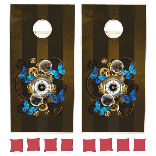 Steampunk Gears and Blue Butterflies Cornhole Set (Set)