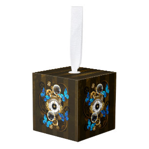 Steampunk Gears and Blue Butterflies Cube Ornament