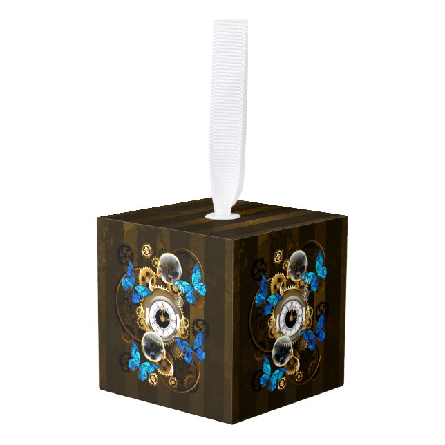 Steampunk Gears and Blue Butterflies Cube Ornament (Front Angled)