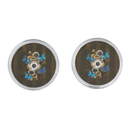 Steampunk Gears and Blue Butterflies Cufflinks