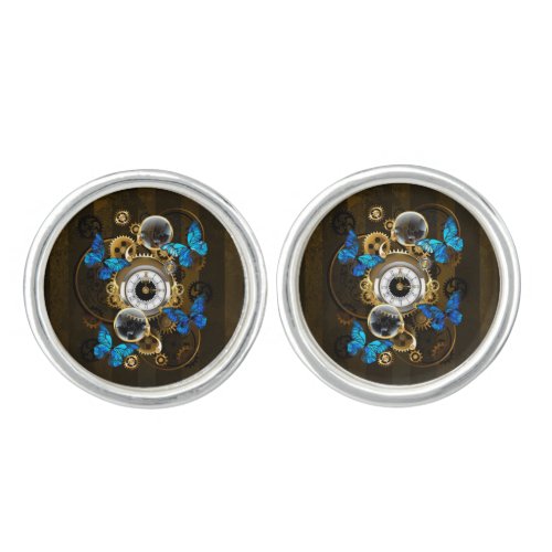 Steampunk Gears and Blue Butterflies Cufflinks