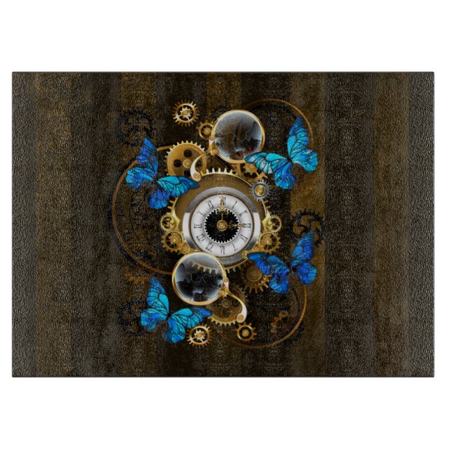 Steampunk Gears and Blue Butterflies Cutting Board (Front)