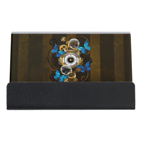 Steampunk Gears and Blue Butterflies Desk Business Card Holder