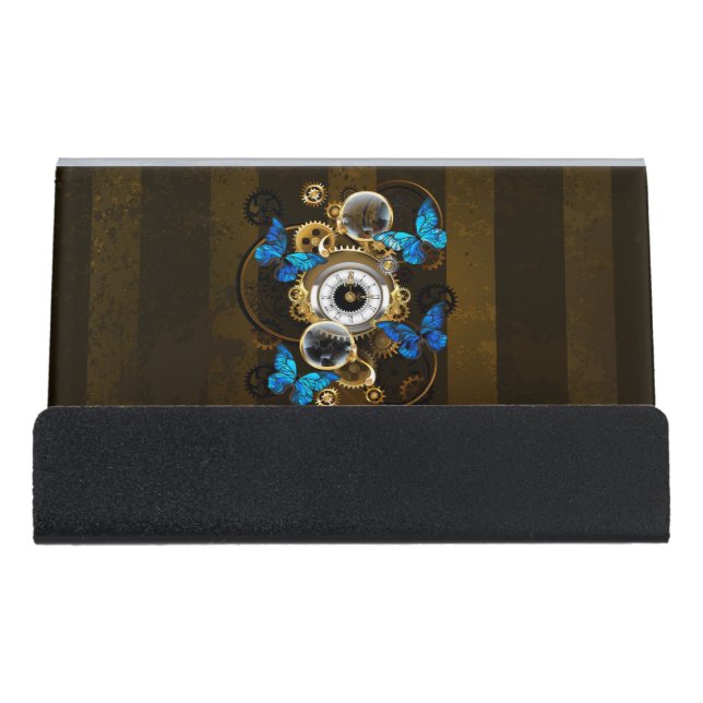 Steampunk Gears and Blue Butterflies Desk Business Card Holder (Front)