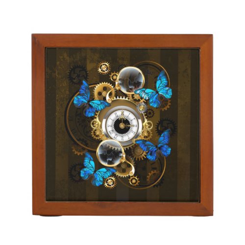 Steampunk Gears and Blue Butterflies Desk Organizer