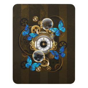 Steampunk Gears and Blue Butterflies Door Sign