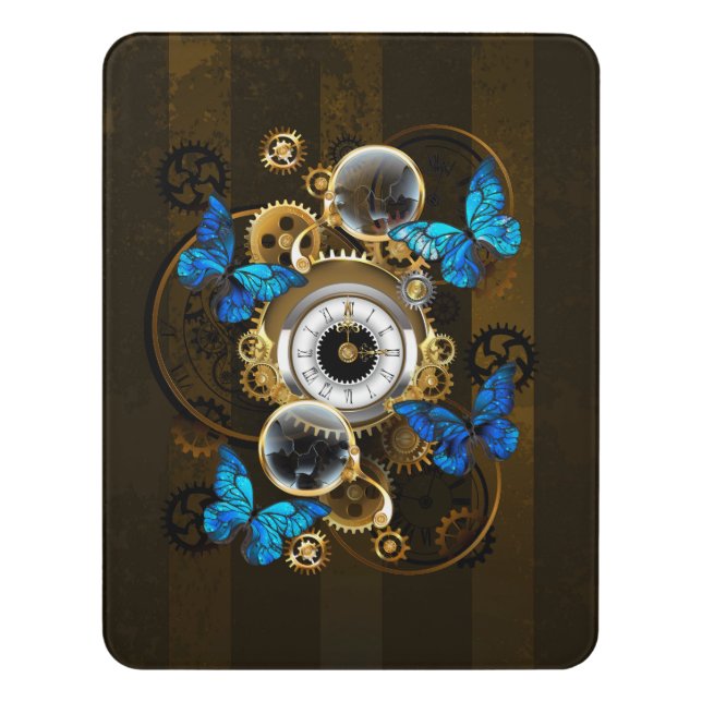 Steampunk Gears and Blue Butterflies Door Sign (Contemporary Vert)