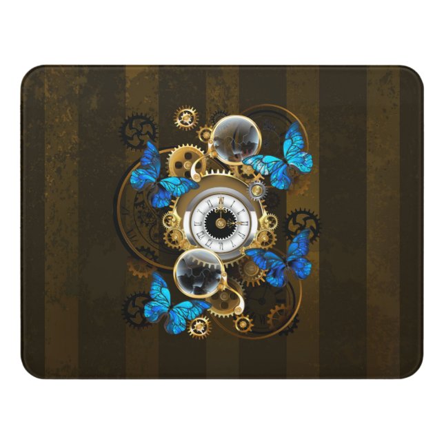 Steampunk Gears and Blue Butterflies Door Sign (Contemporary Front)
