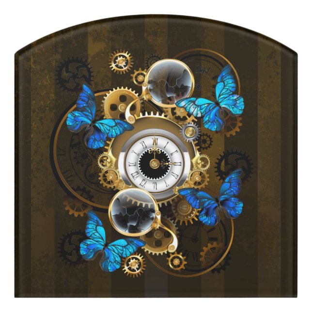 Steampunk Gears and Blue Butterflies Door Sign (Contour Front)