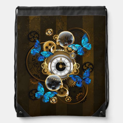 Steampunk Gears and Blue Butterflies Drawstring Bag