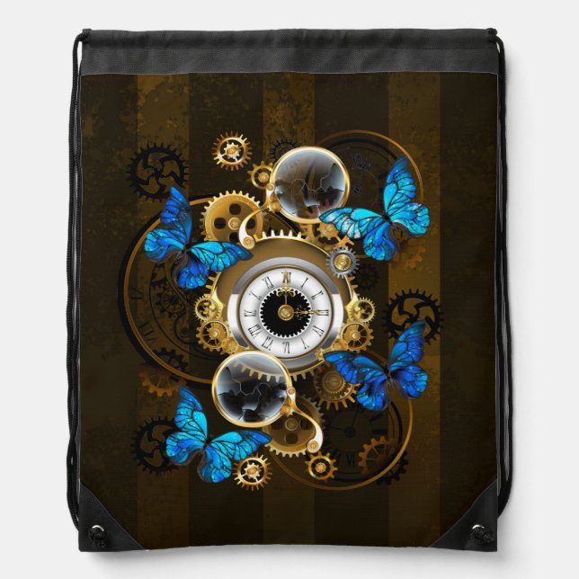 Steampunk Gears and Blue Butterflies Drawstring Bag (Front)