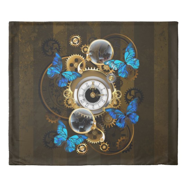 Steampunk Gears and Blue Butterflies Duvet Cover (Front)