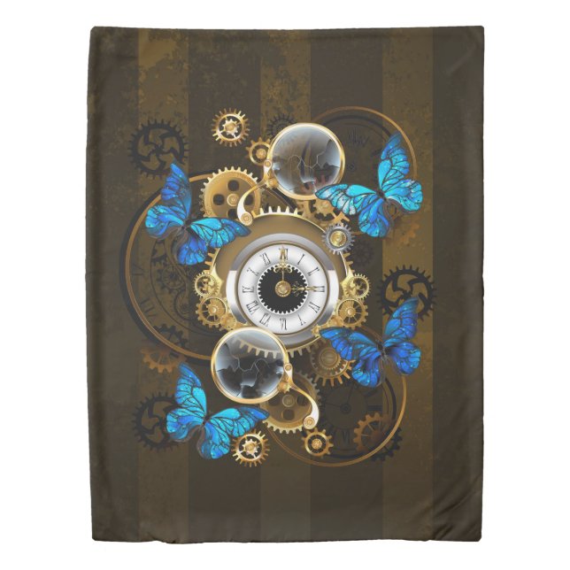 Steampunk Gears and Blue Butterflies Duvet Cover (Front)